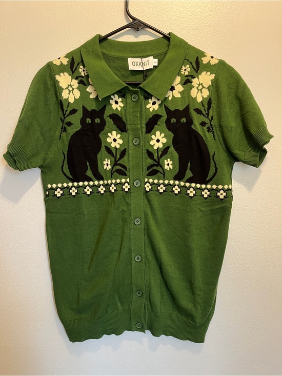 Oxknit Tops - Oxknit Black Cat Green Collared SweaterShirt NWT Small